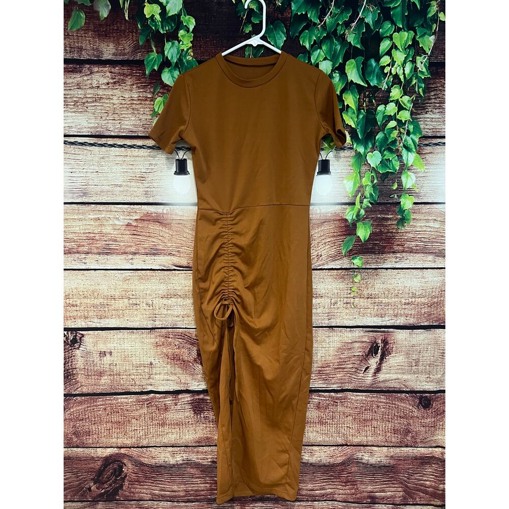Free People Maxi Dress Bodycon Cinch Tie Slit Rust Orange Minimalist Fall Small